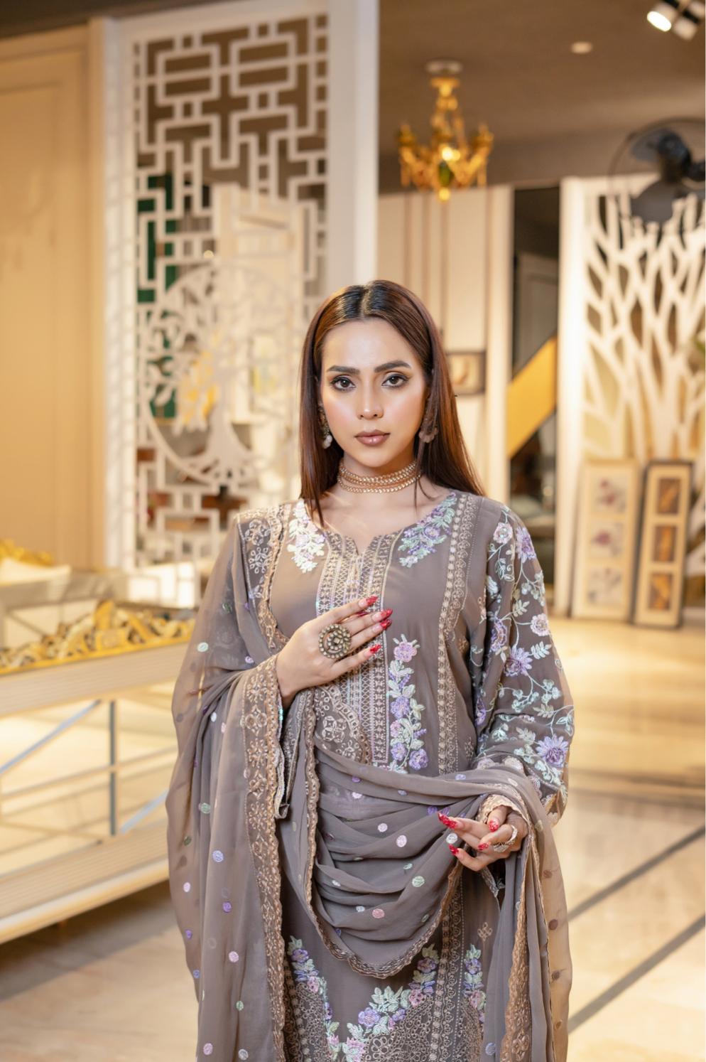 Taupe Brown Munira Designer Chiffon Ladies Suit