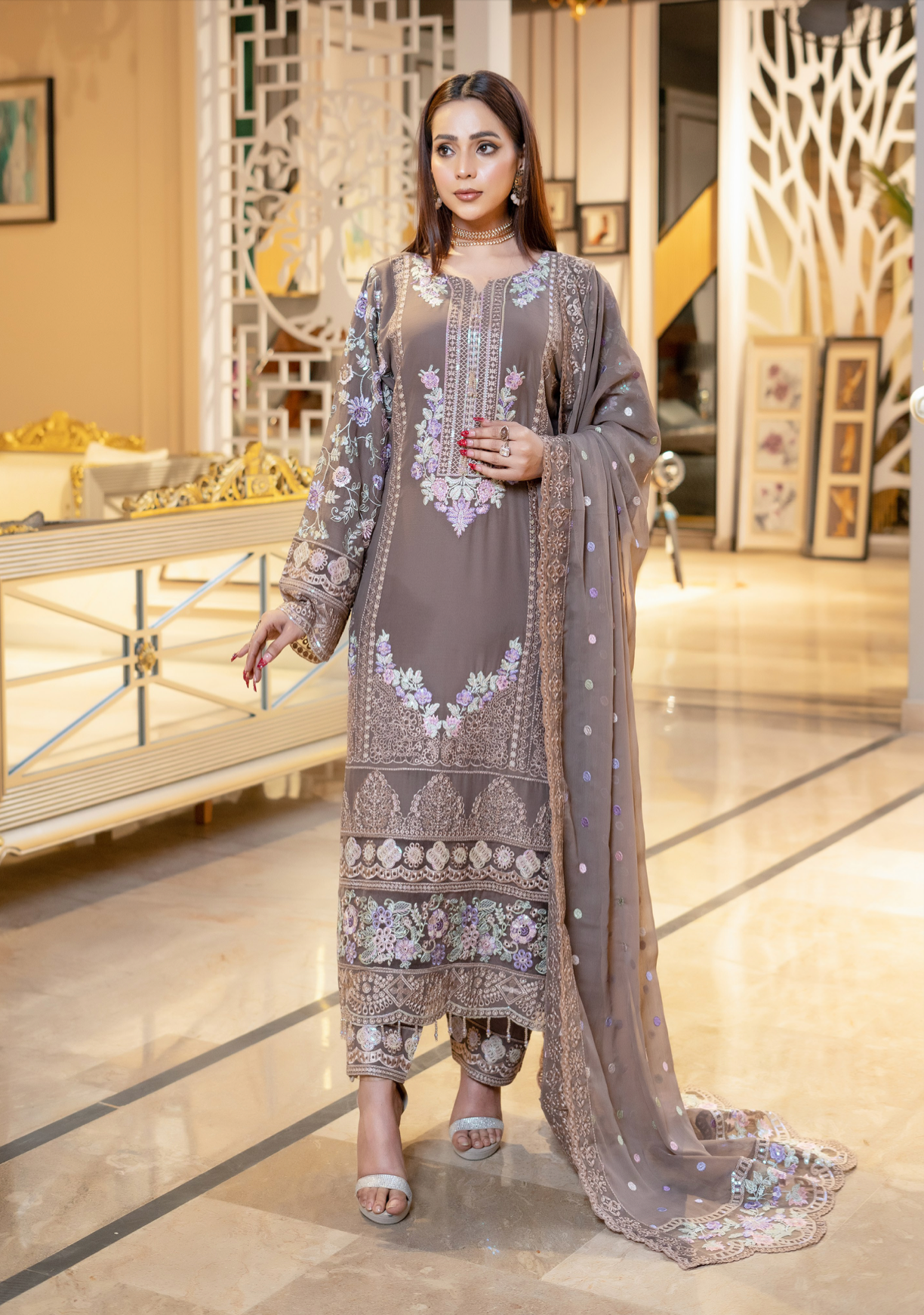 Taupe Brown Munira Designer Chiffon Ladies Suit