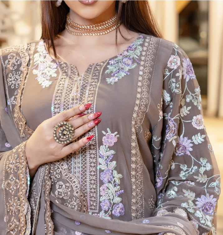 Taupe Brown Munira Designer Chiffon Ladies Suit