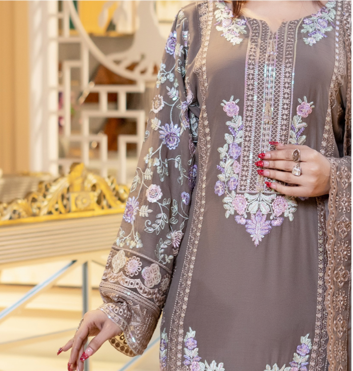 Taupe Brown Munira Designer Chiffon Ladies Suit