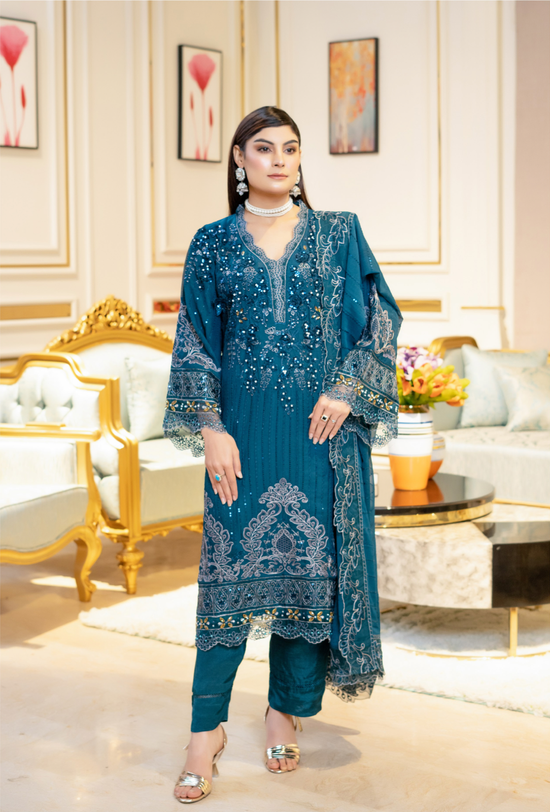 Dark Teal Blue Munira Designer Chiffon Ladies Suit