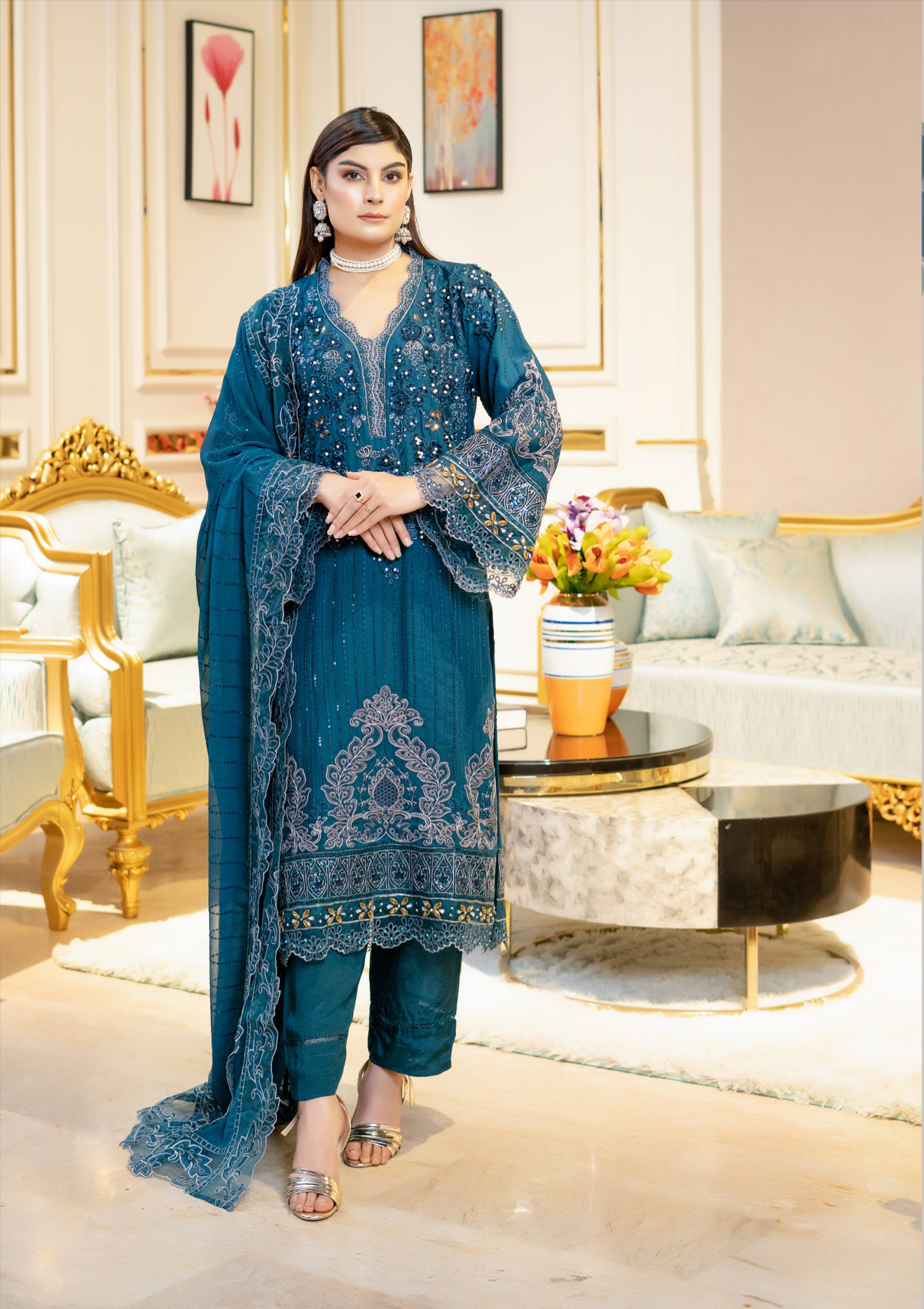 Dark Teal Blue Munira Designer Chiffon Ladies Suit