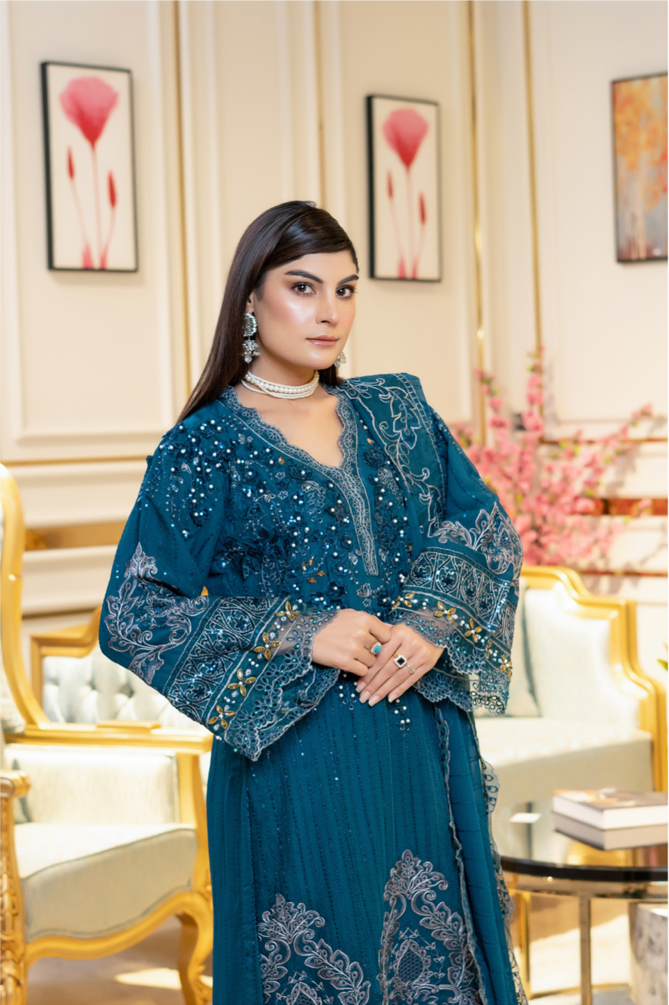 Dark Teal Blue Munira Designer Chiffon Ladies Suit