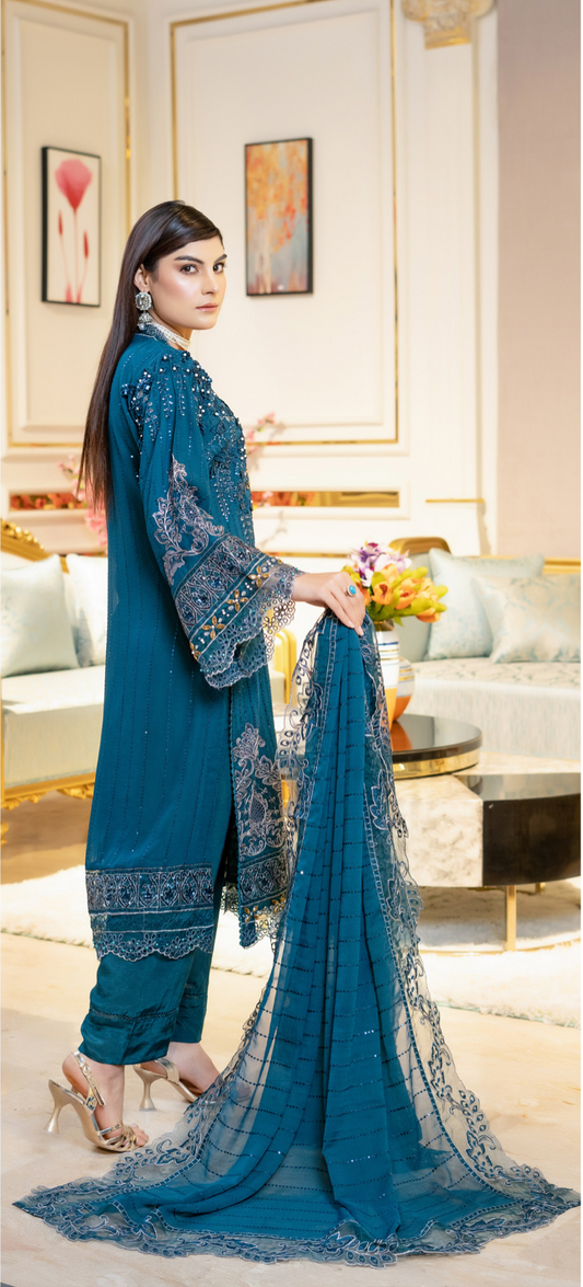 Dark Teal Blue Munira Designer Chiffon Ladies Suit