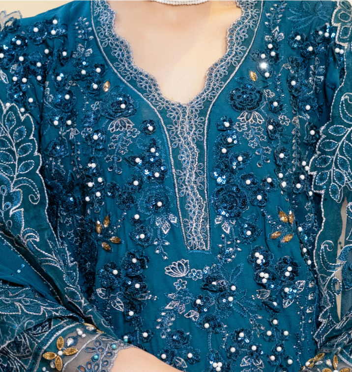 Dark Teal Blue Munira Designer Chiffon Ladies Suit