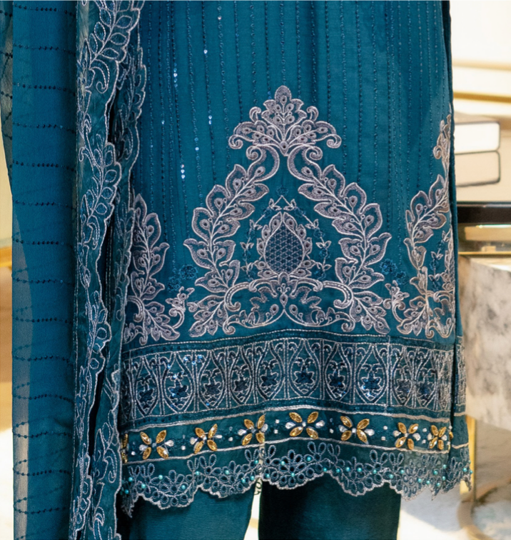 Dark Teal Blue Munira Designer Chiffon Ladies Suit