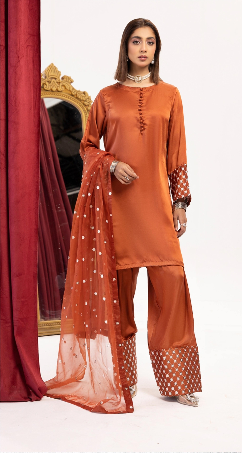 Burnt Orange 'Shamooz' Silk Ladies Suit