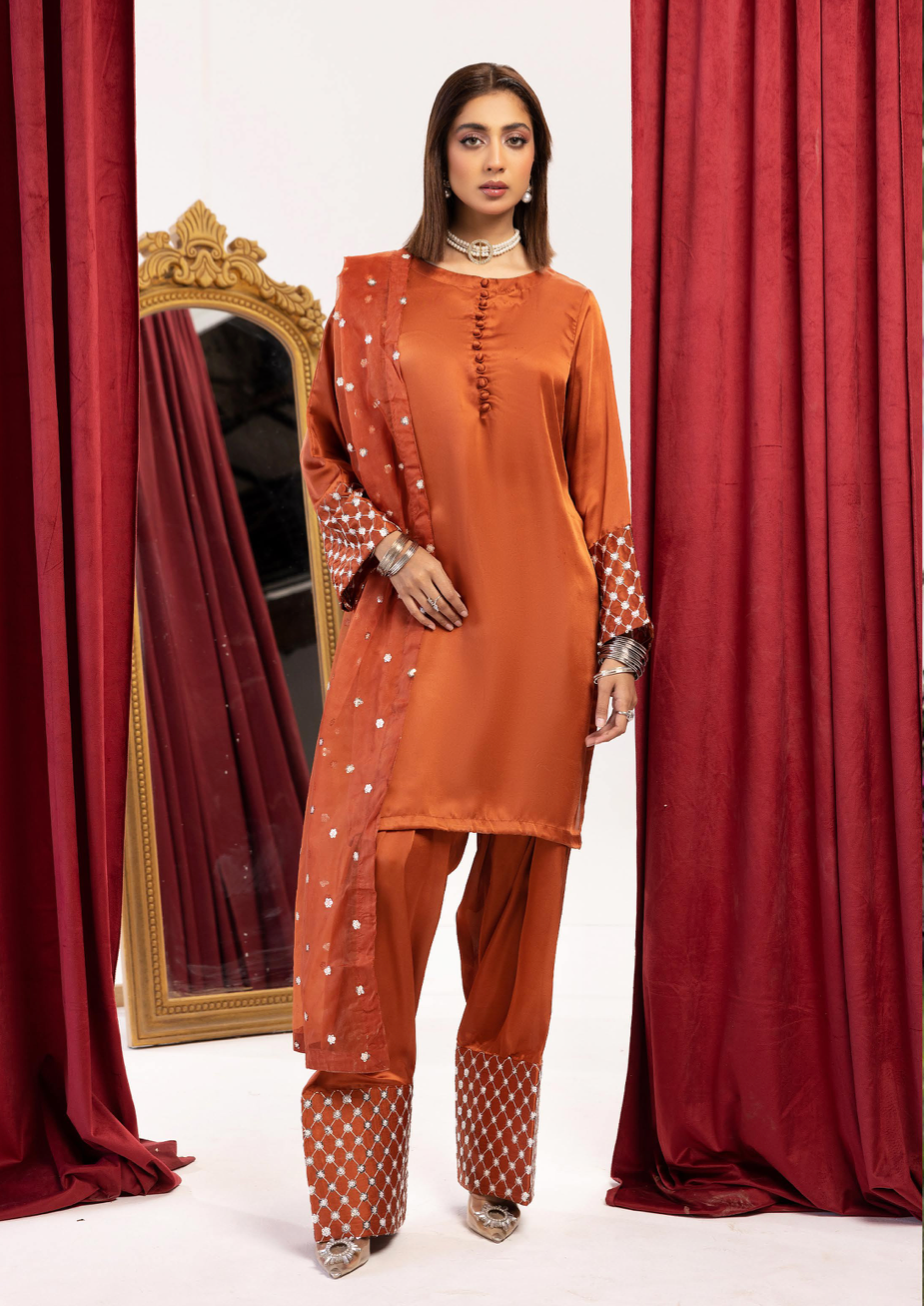 Burnt Orange 'Shamooz' Silk Ladies Suit