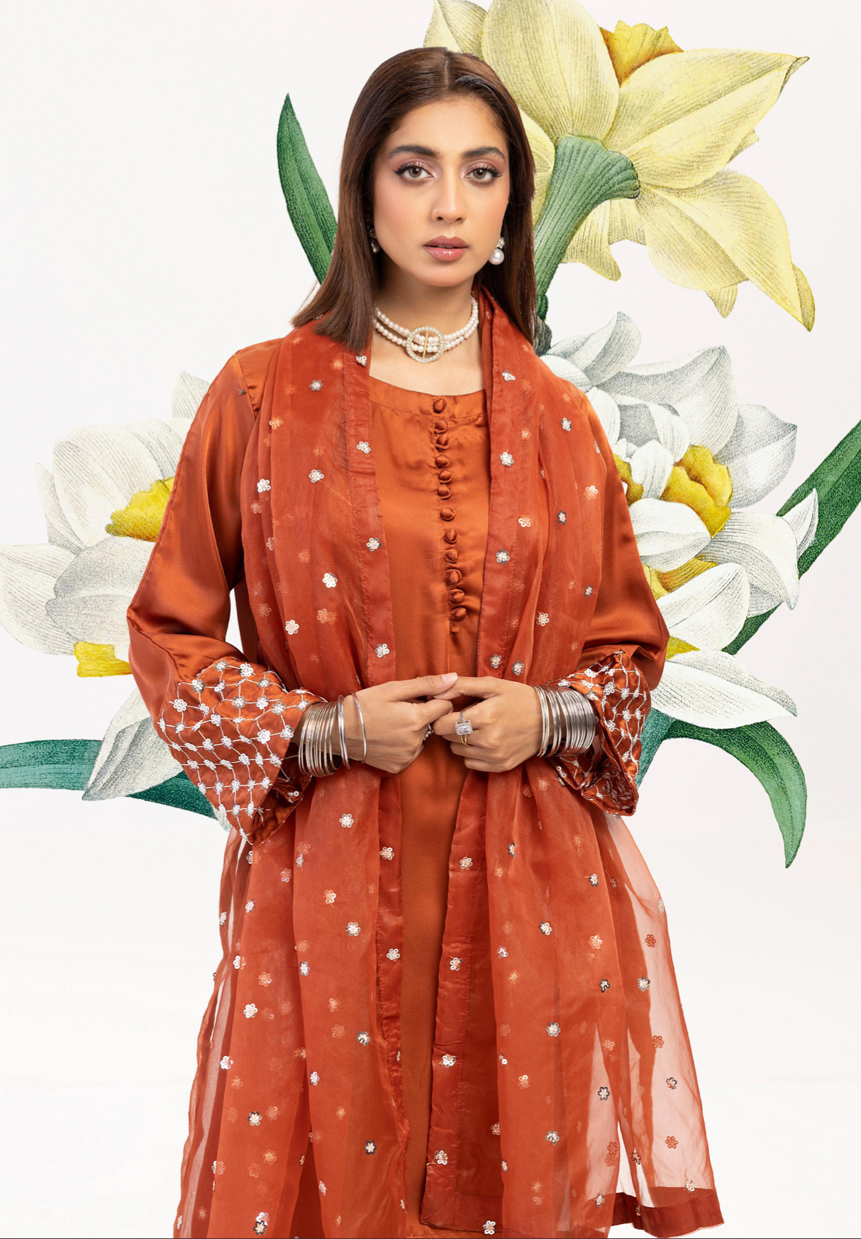 Burnt Orange 'Shamooz' Silk Ladies Suit