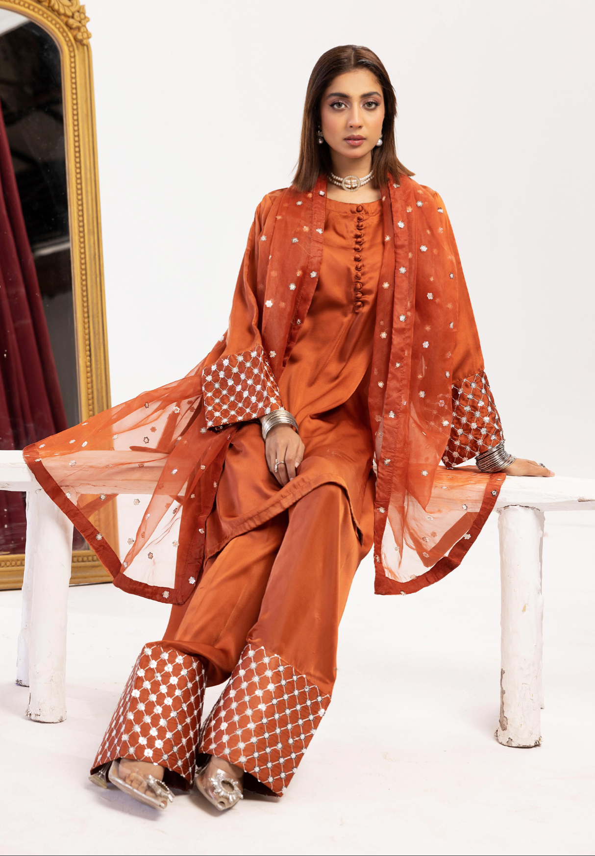 Burnt Orange 'Shamooz' Silk Ladies Suit
