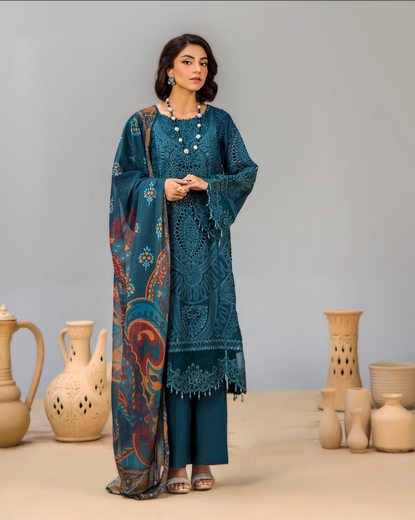 Dark Teal Blue 'Bisma' Linen Ladies Suit