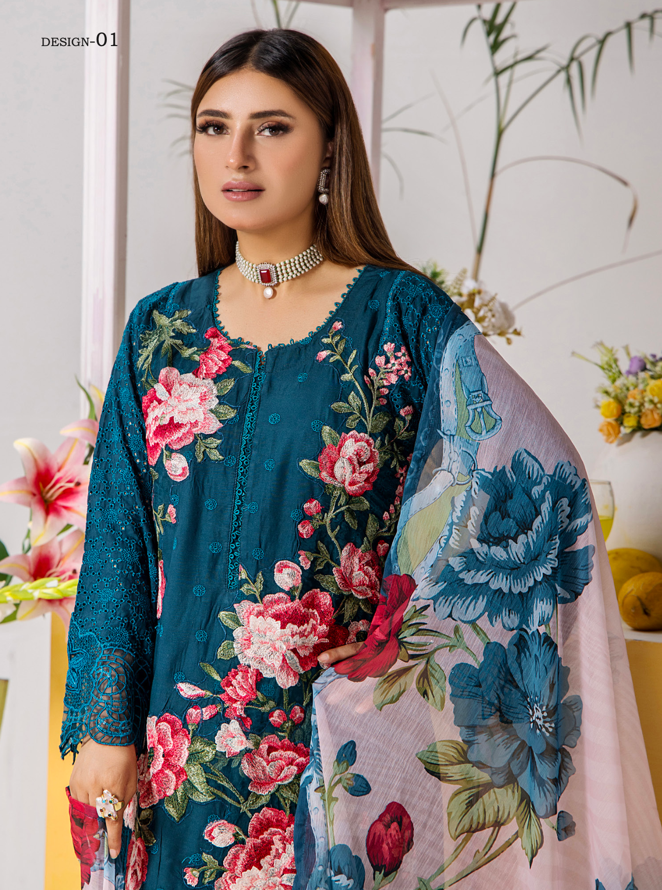 Dark Teal Blue 'Tehzeeb' Lawn Ladies Suit