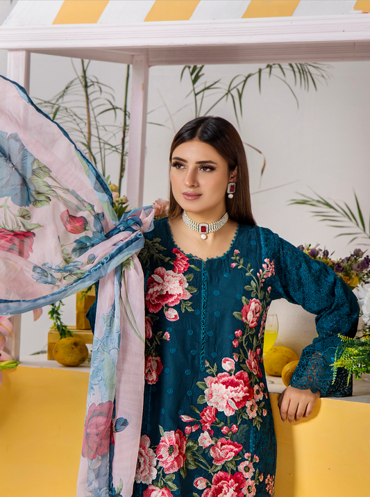 Dark Teal Blue 'Tehzeeb' Lawn Ladies Suit