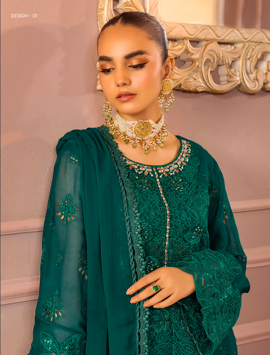 Dark Teal Green 'Ronak-E-Mehal' Chiffon Ladies Suit