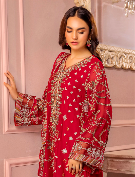 Red 'Ronak-E-Mehal' Chiffon Ladies Suit