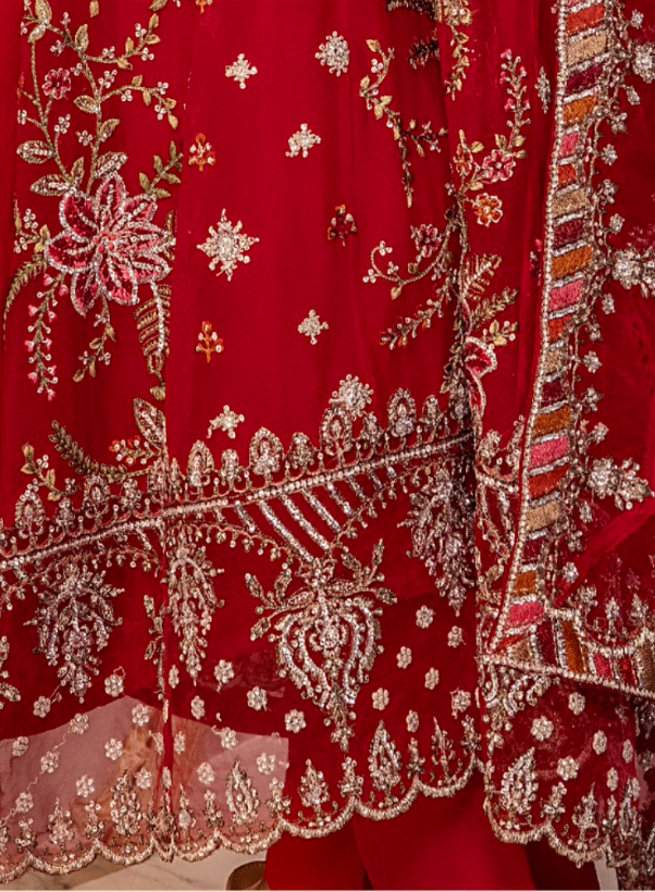 Red 'Ronak-E-Mehal' Chiffon Ladies Suit