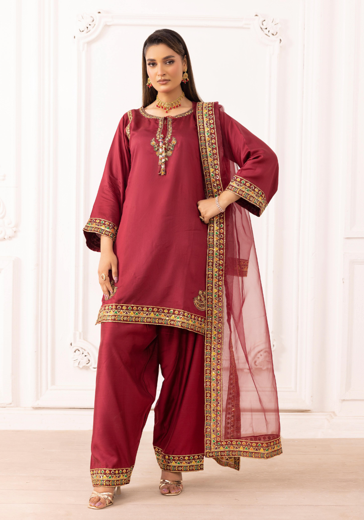 Maroon Red 'Rosalie' Viscose Silk Ladies Suit