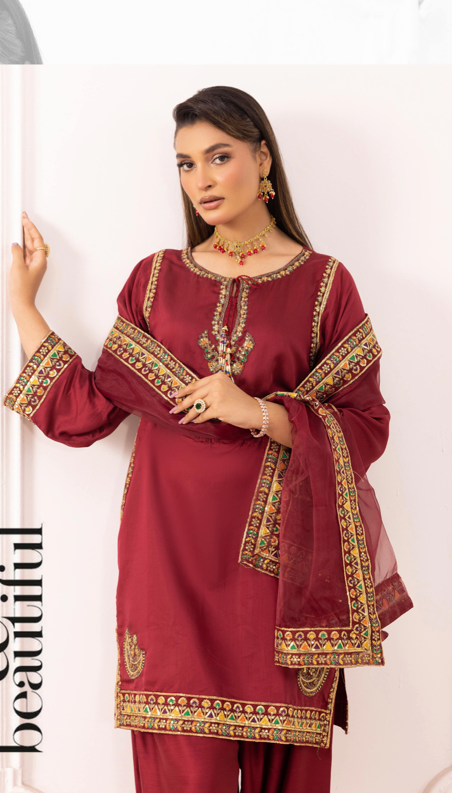 Maroon Red 'Rosalie' Viscose Silk Ladies Suit