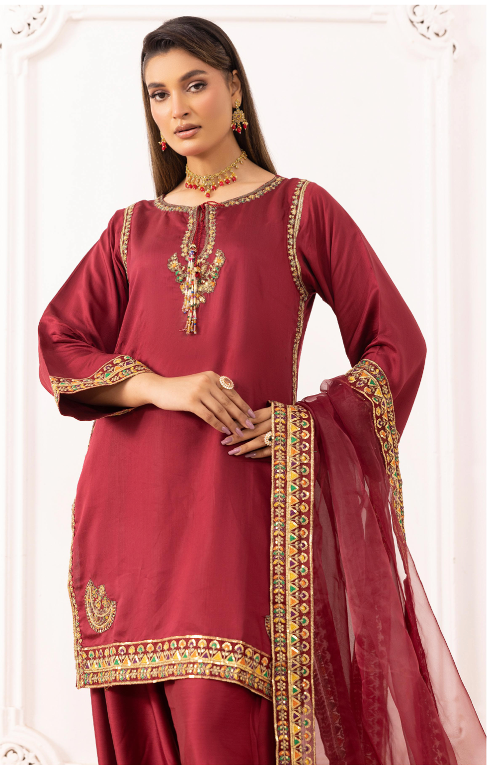 Maroon Red 'Rosalie' Viscose Silk Ladies Suit