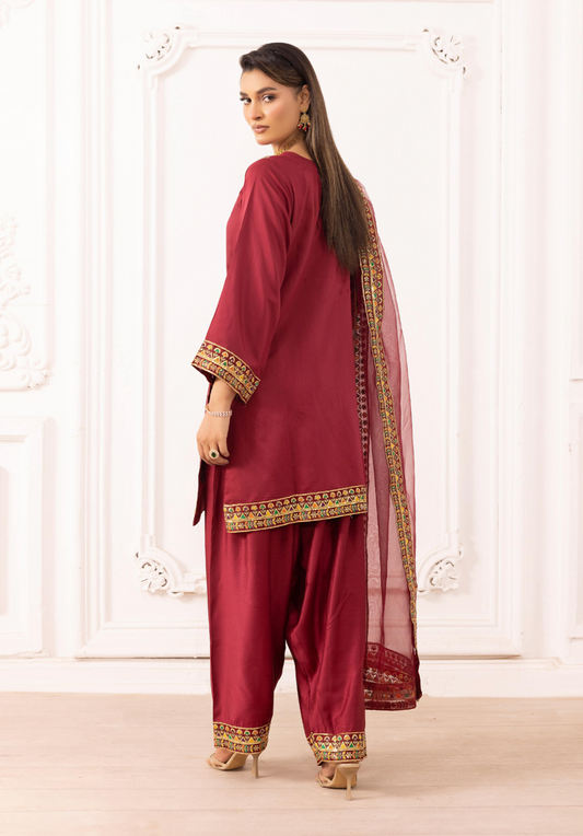 Maroon Red 'Rosalie' Viscose Silk Ladies Suit