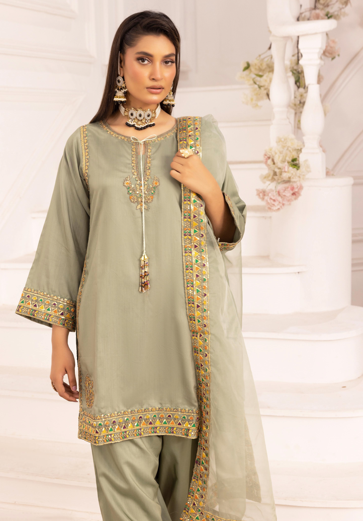 Olive Green 'Rosalie' Viscose Silk Ladies Suit