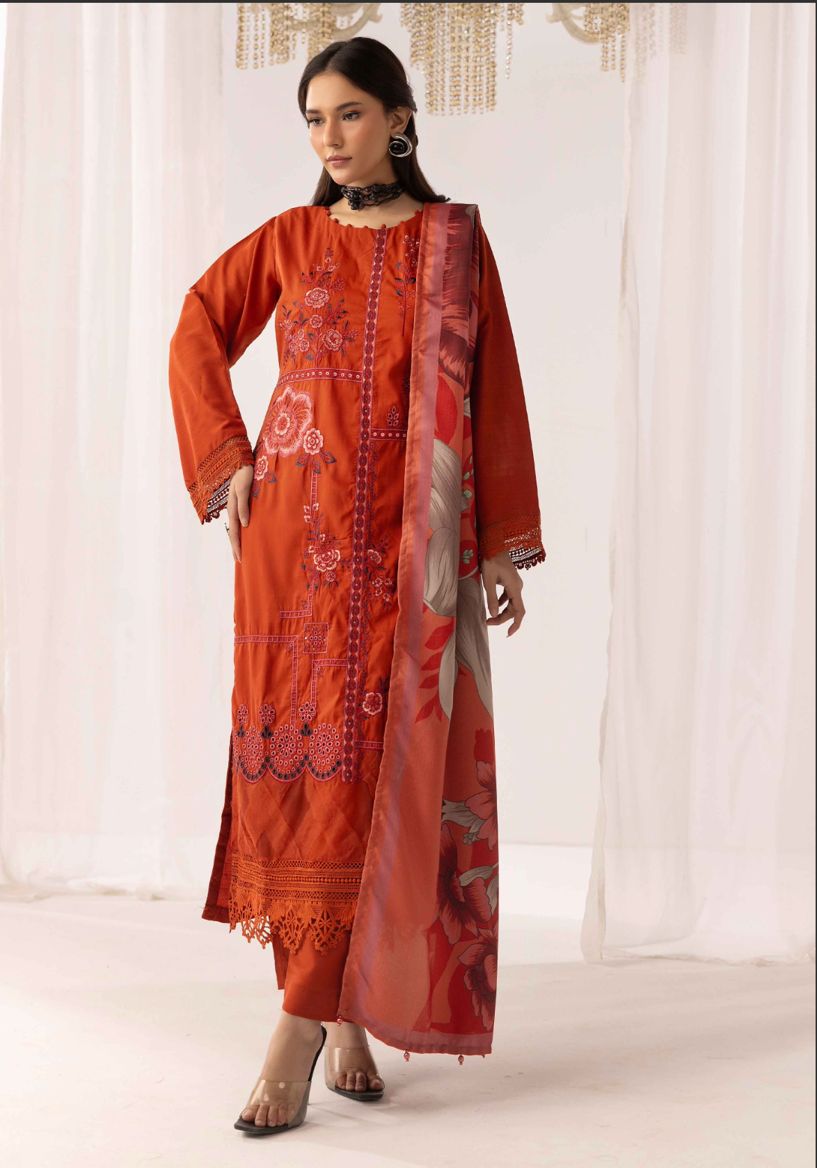 Burnt Orange 'M Prints' Linen Ladies Suit