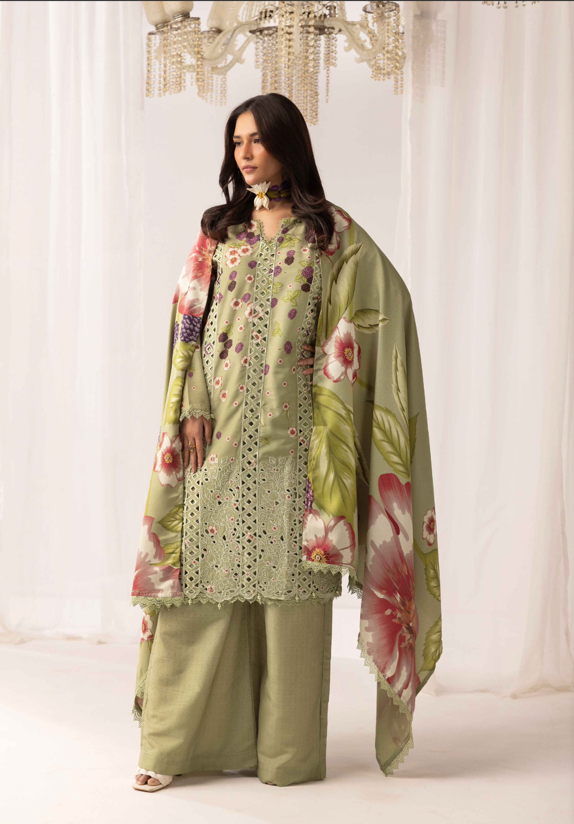 Light Olive Green 'M Prints' Linen Ladies Suit