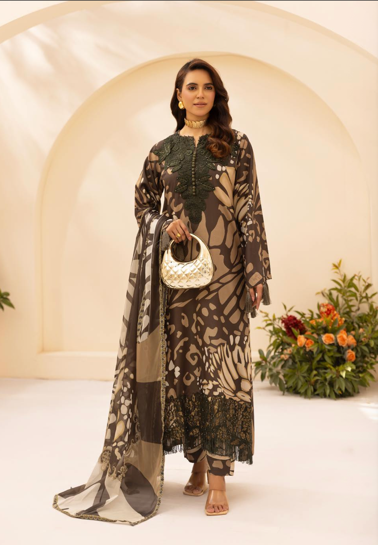 Dark Olive Green 'M Prints' Linen Ladies Suit