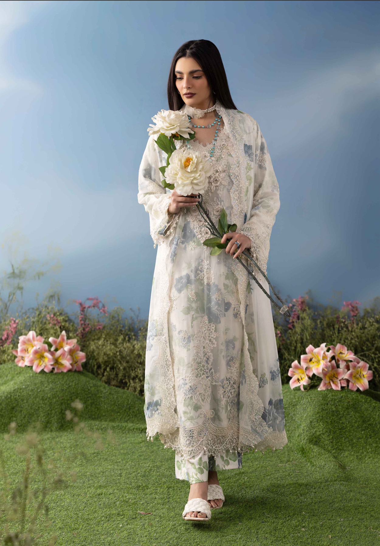 Off White Cream and Blue 'MB Lux' Chiffon Ladies Suit