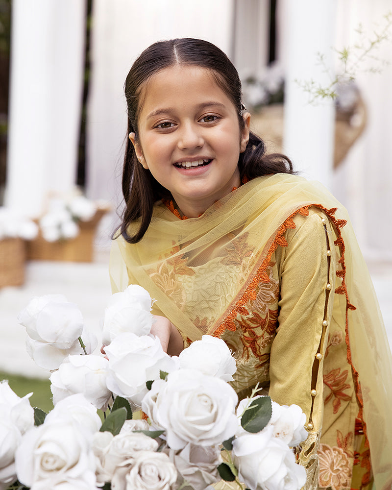 Creamy Yellow Gold Luxury Jacquard Lawn Girls Suit