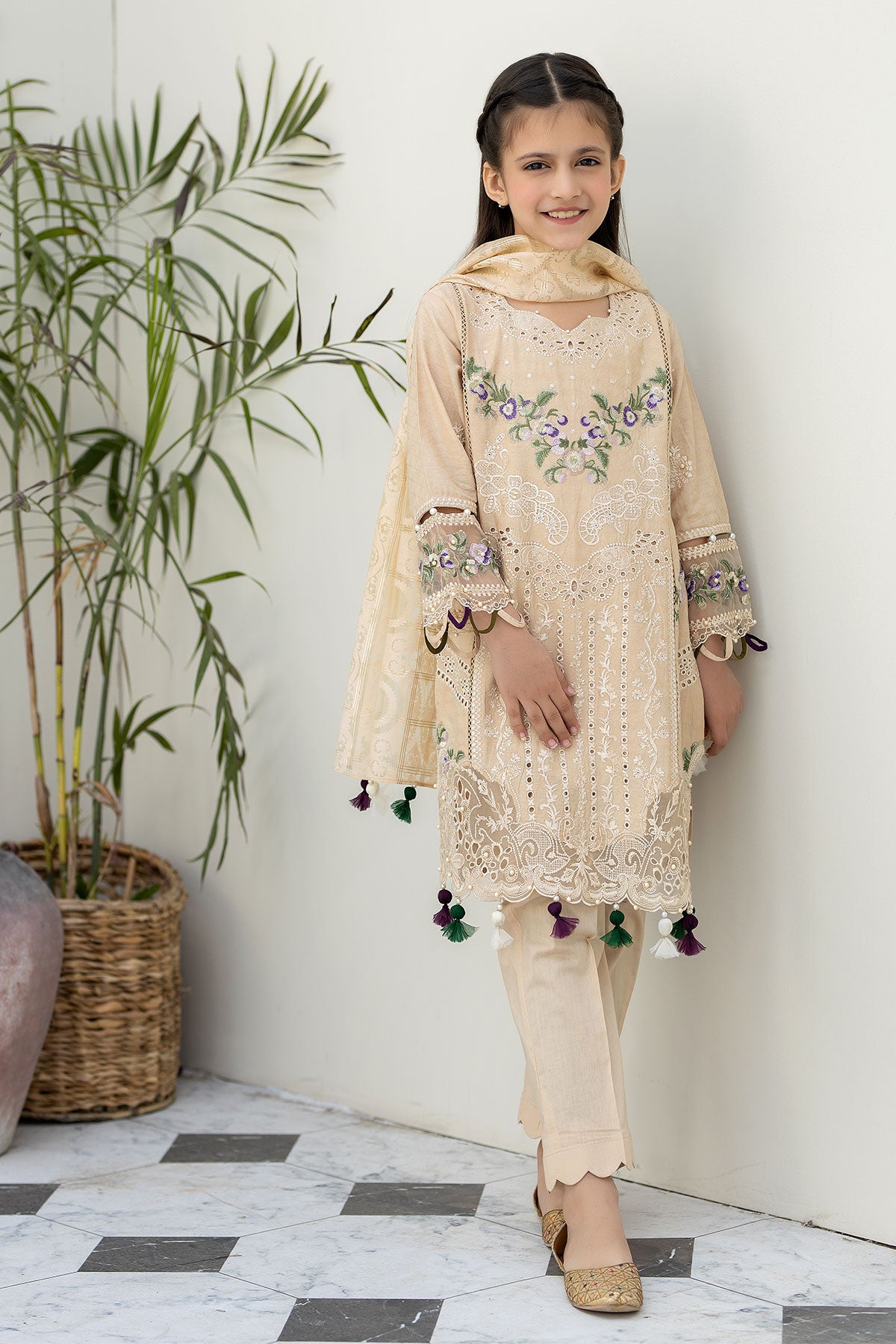 Beige Gold Jacquard Lawn Girls Suit