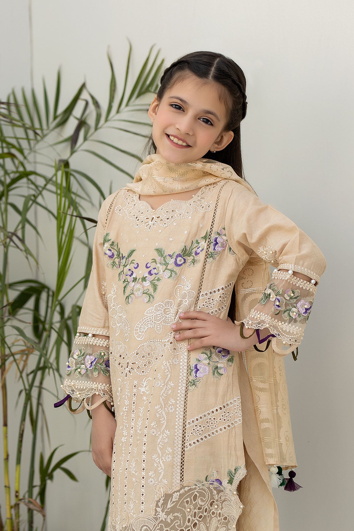 Beige Gold Jacquard Lawn Girls Suit