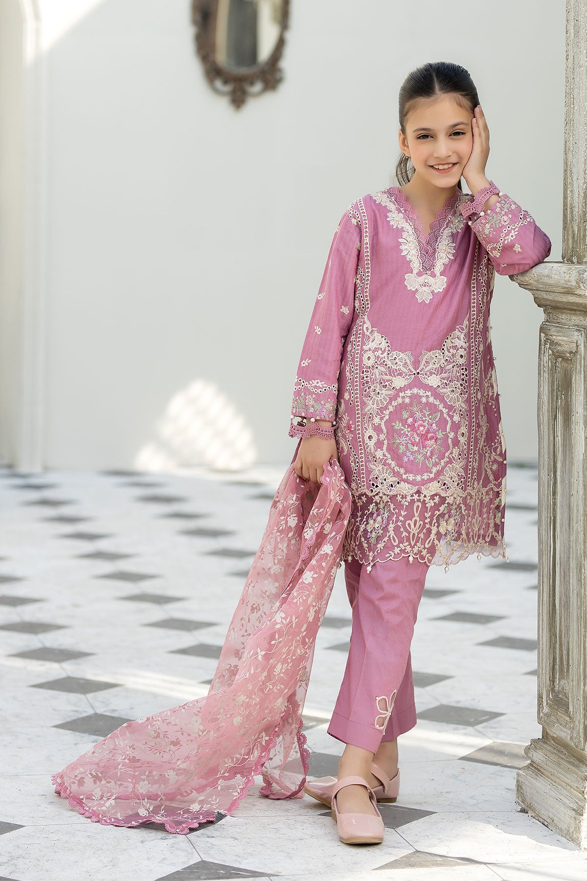 Pink Jacquard Lawn Girls Suit