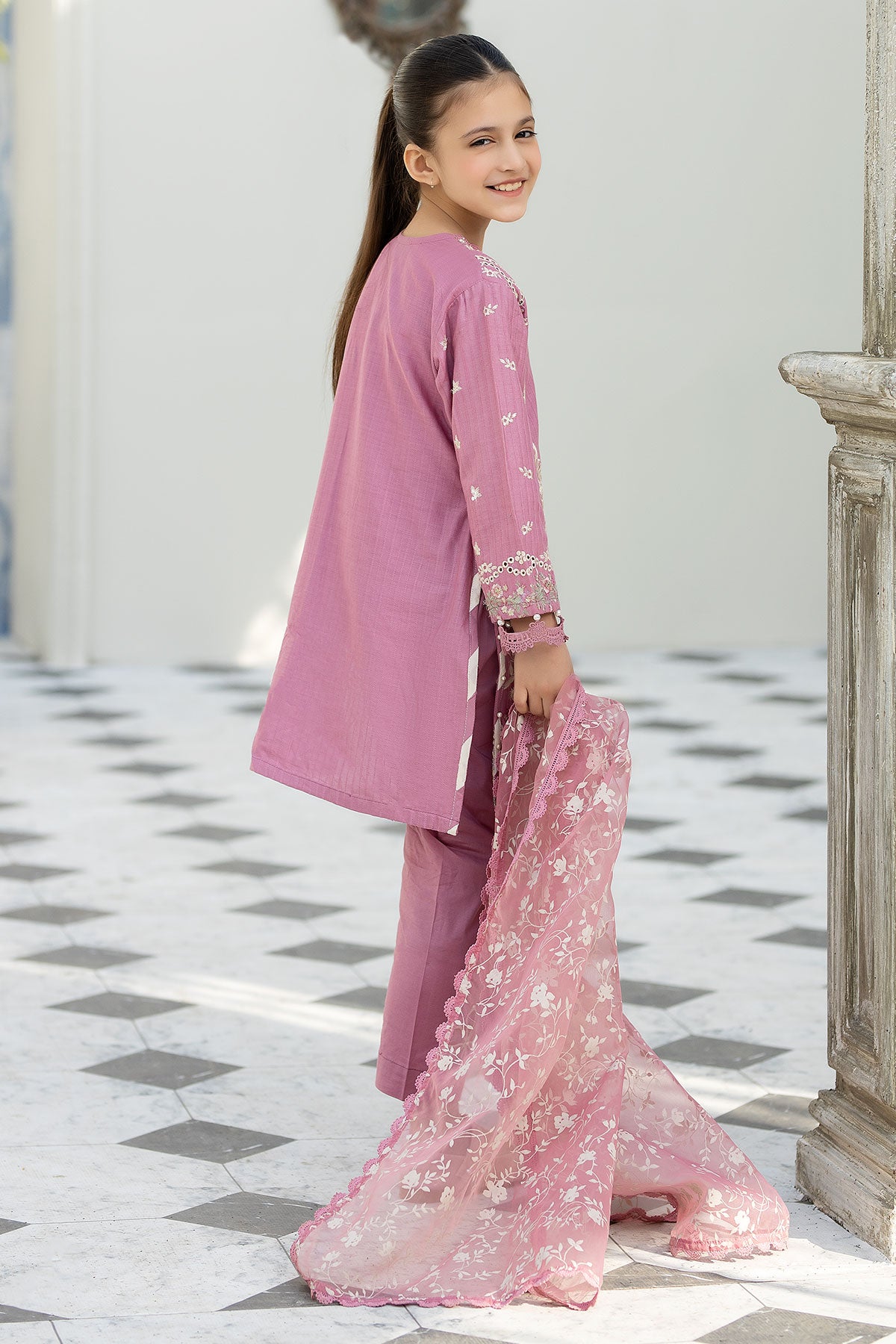 Pink Jacquard Lawn Girls Suit