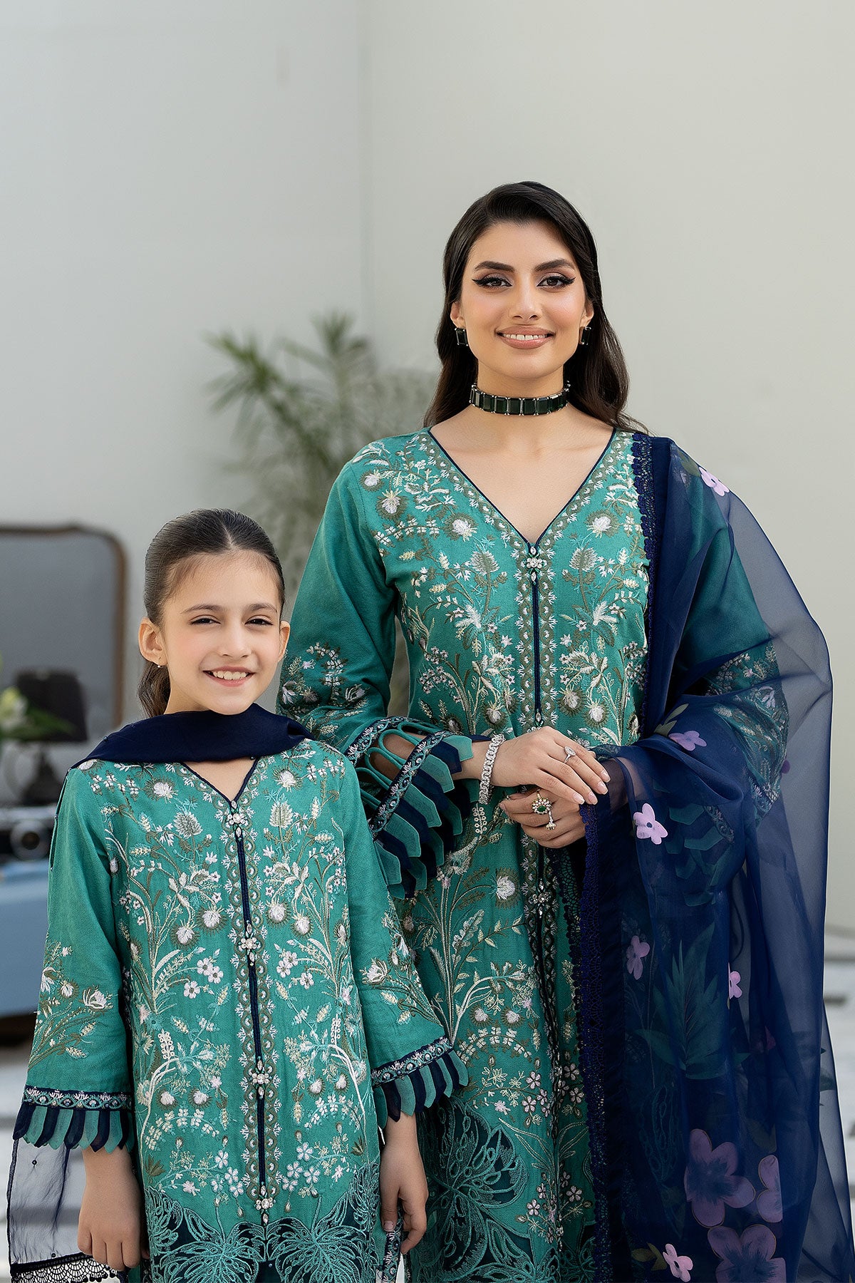 Teal Green Jacquard Lawn Girls Suit