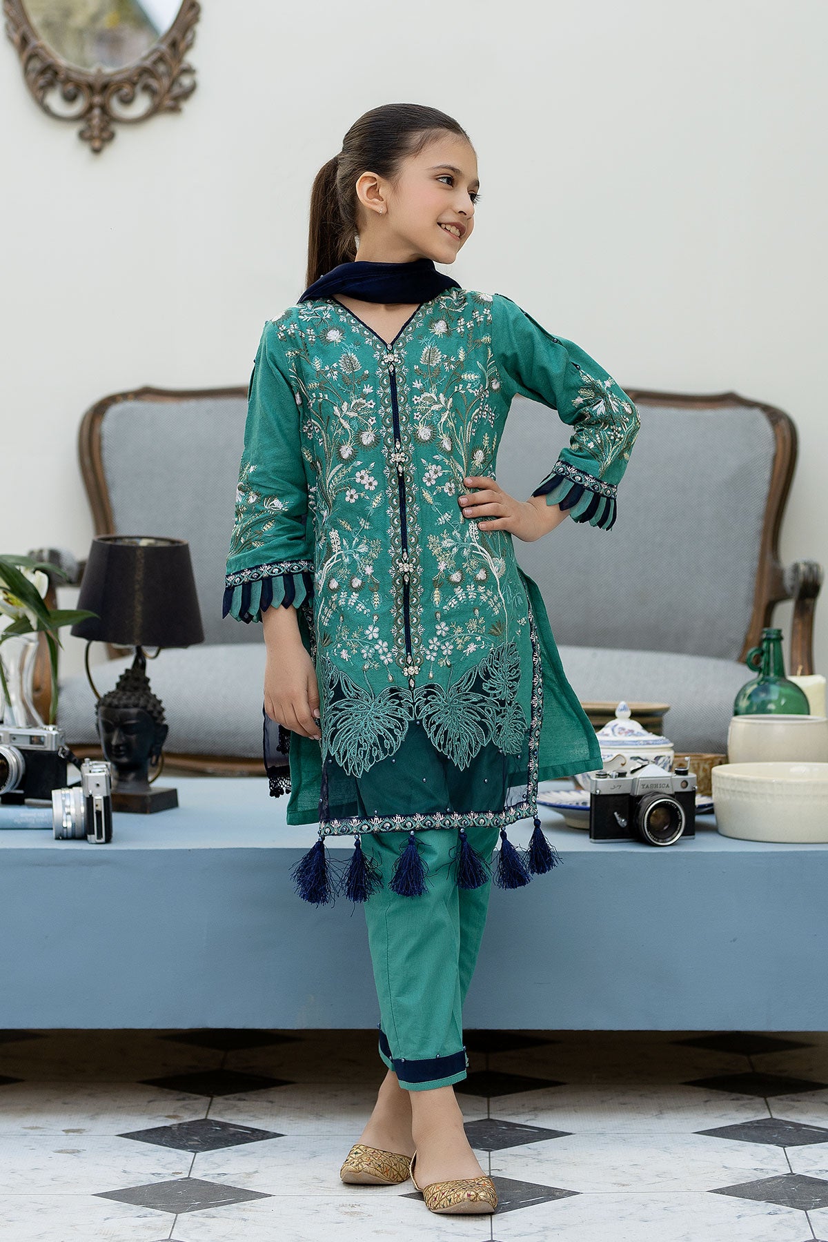 Teal Green Jacquard Lawn Girls Suit