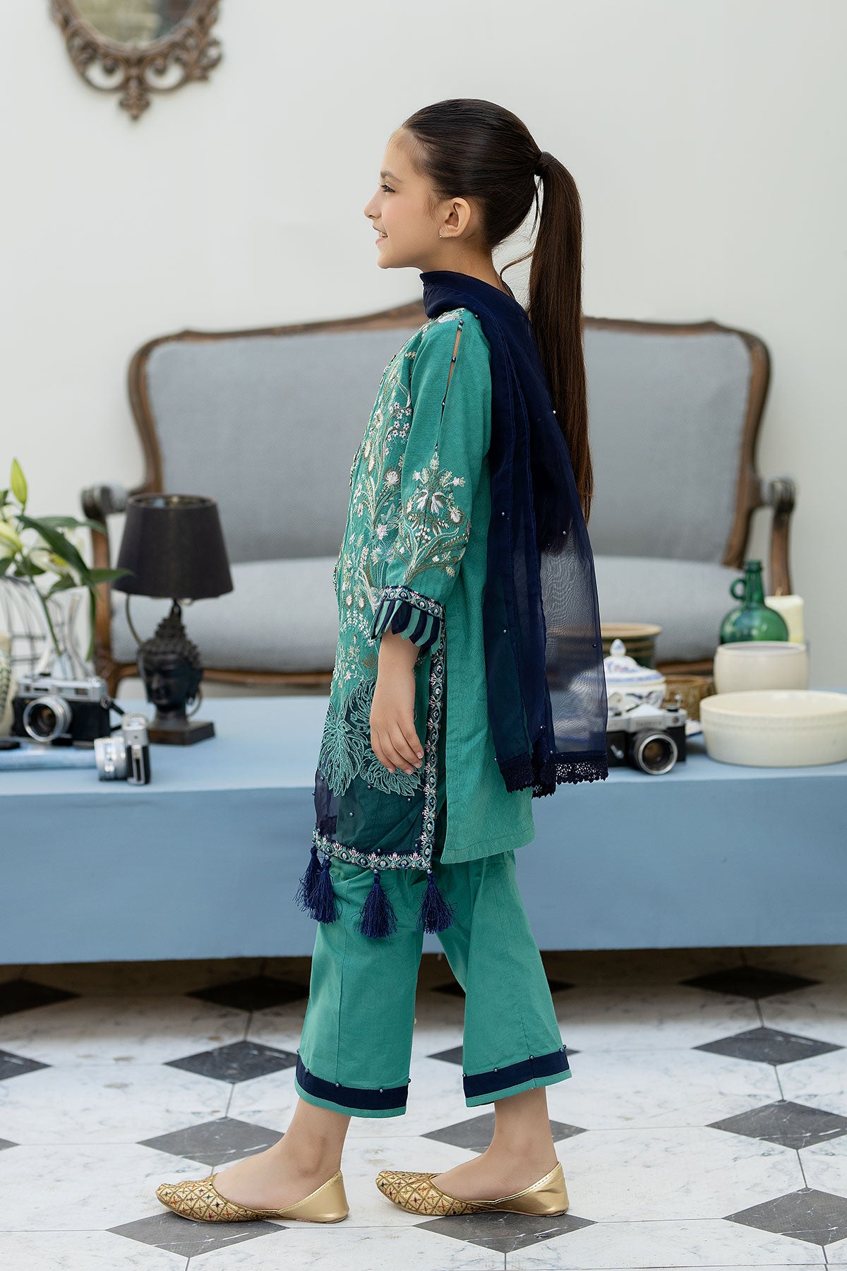 Teal Green Jacquard Lawn Girls Suit