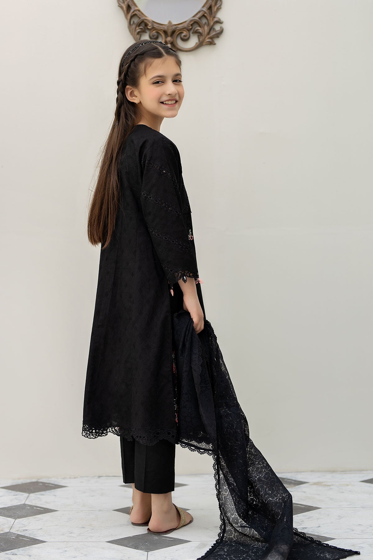 Black Jacquard Lawn Girls Suit