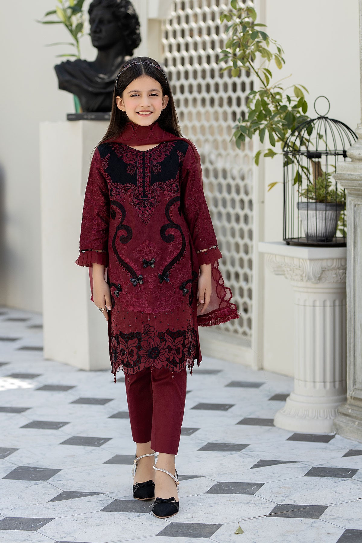 Maroon Jacquard Lawn Girls Suit