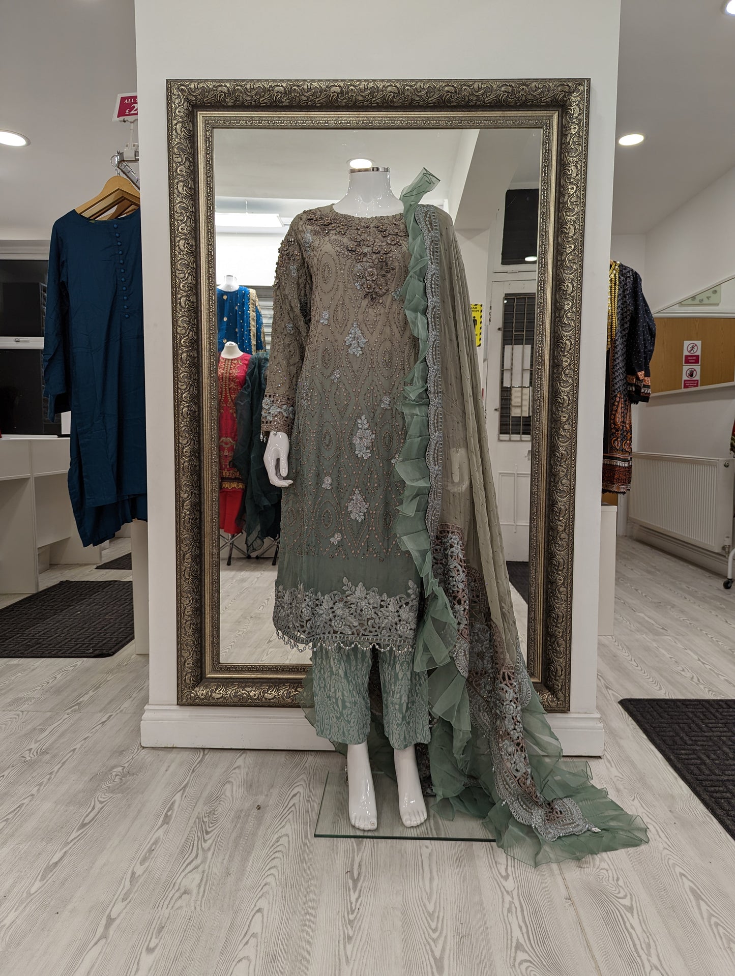 Grey and Teal Maria B Design Chiffon Ladies Suit