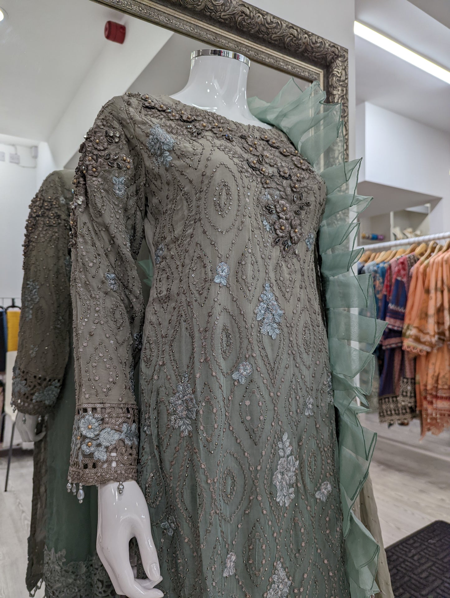 Grey and Teal Maria B Design Chiffon Ladies Suit