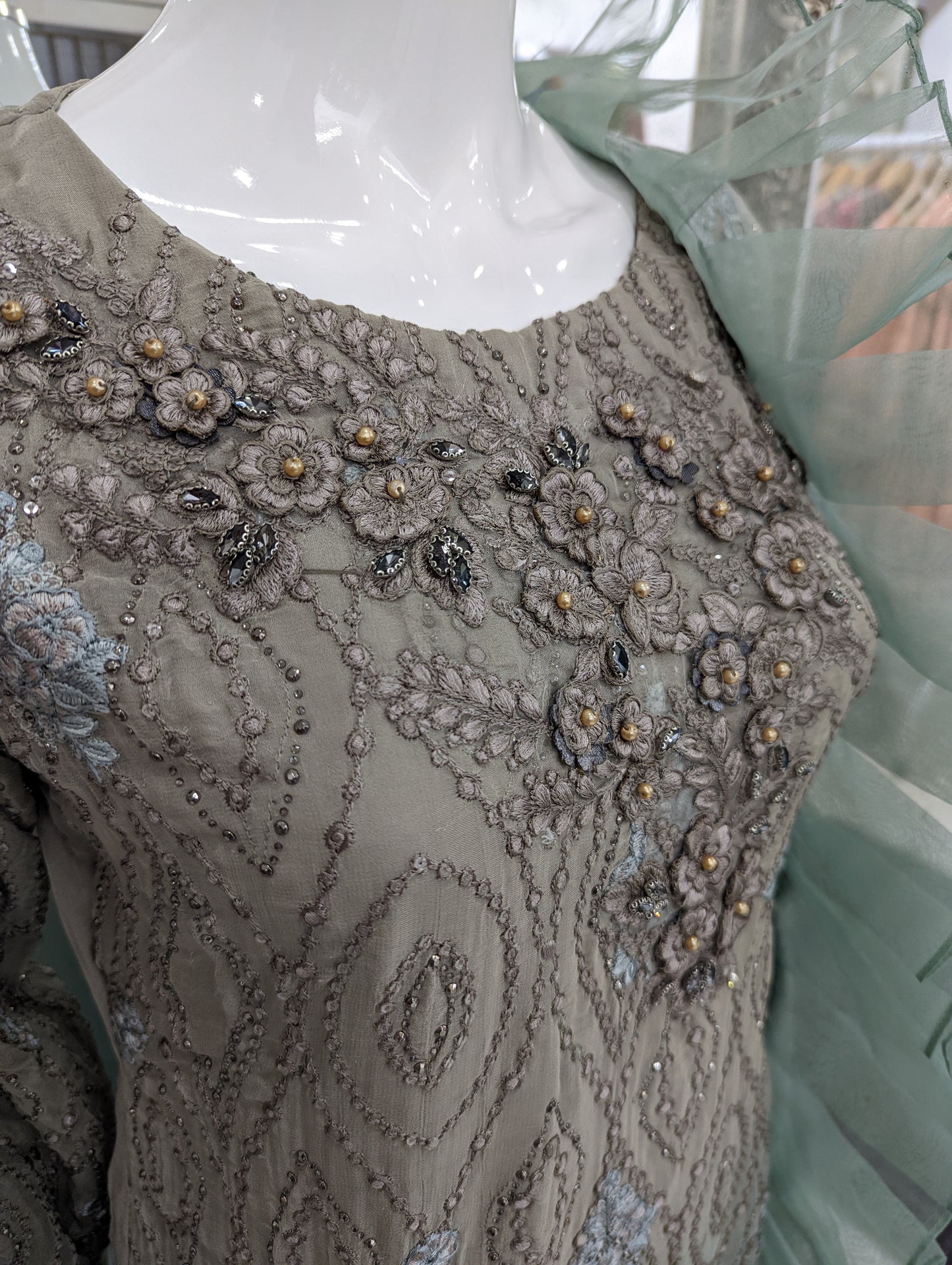 Grey and Teal Maria B Design Chiffon Ladies Suit