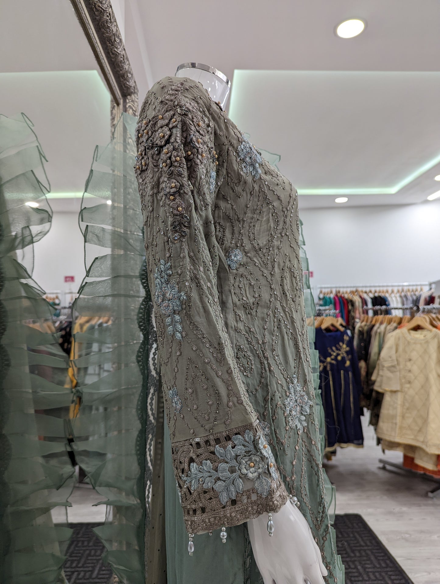Grey and Teal Maria B Design Chiffon Ladies Suit