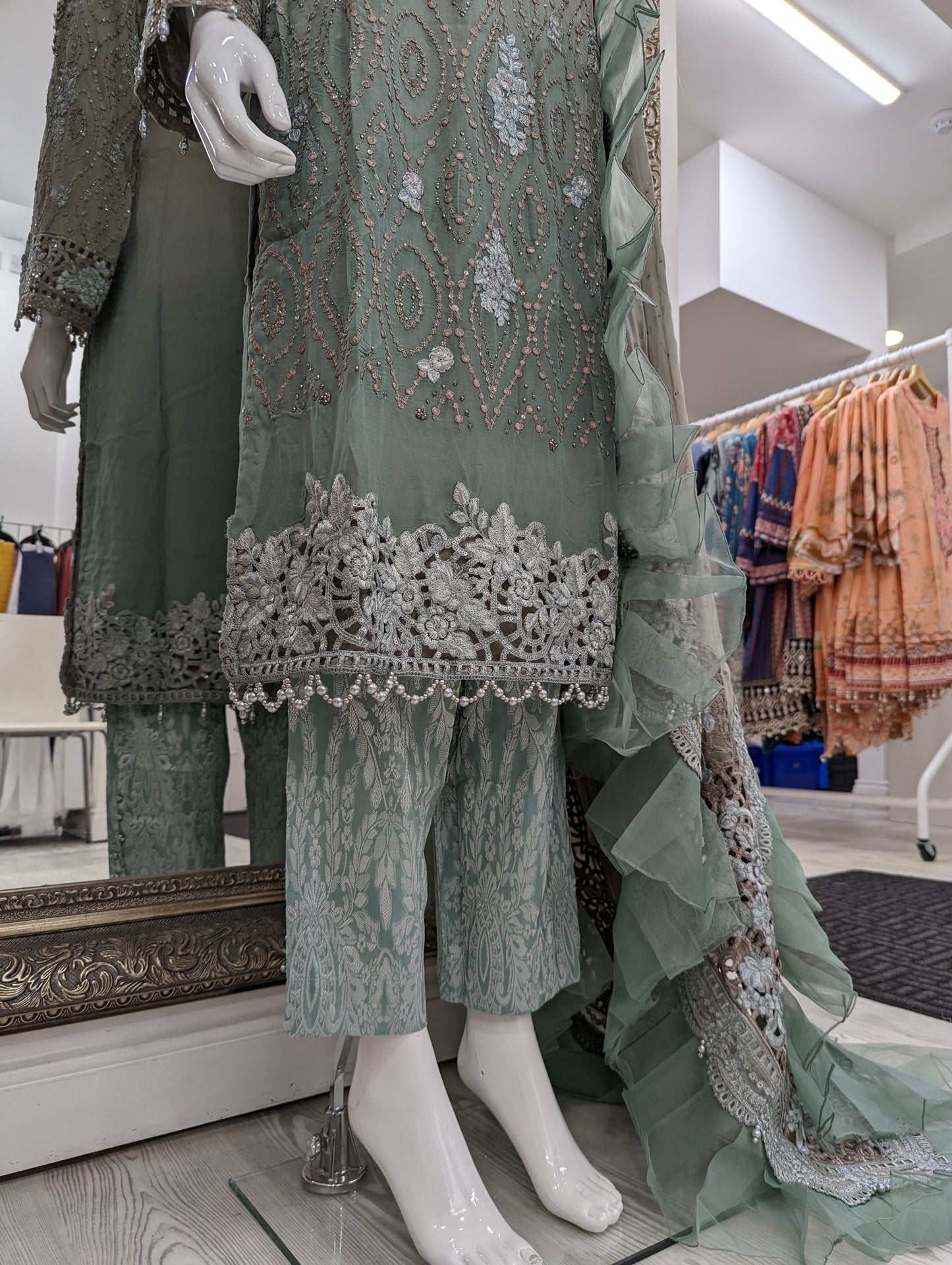 Grey and Teal Maria B Design Chiffon Ladies Suit