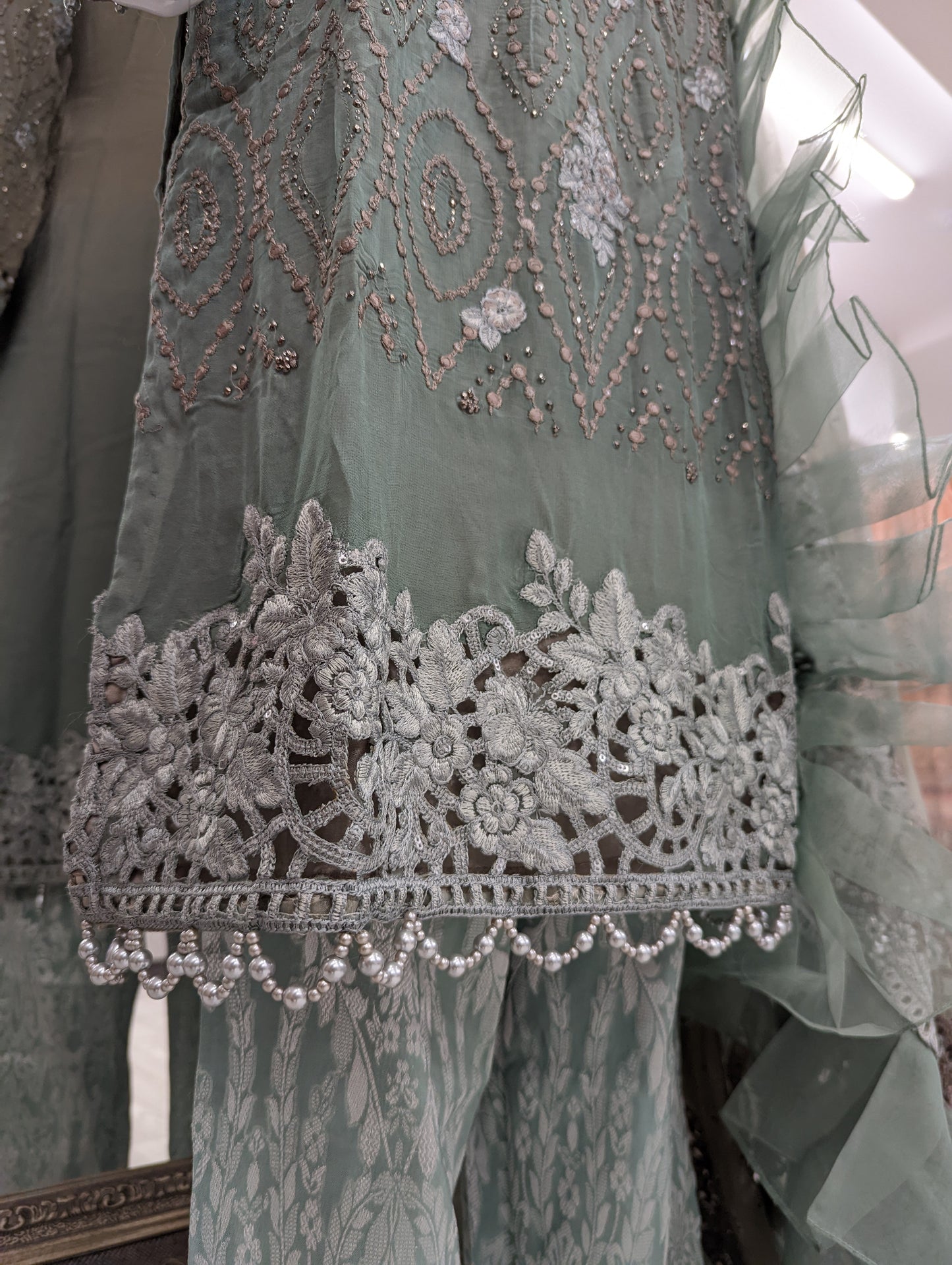 Grey and Teal Maria B Design Chiffon Ladies Suit