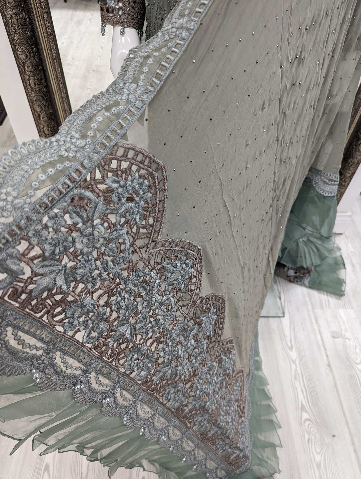 Grey and Teal Maria B Design Chiffon Ladies Suit