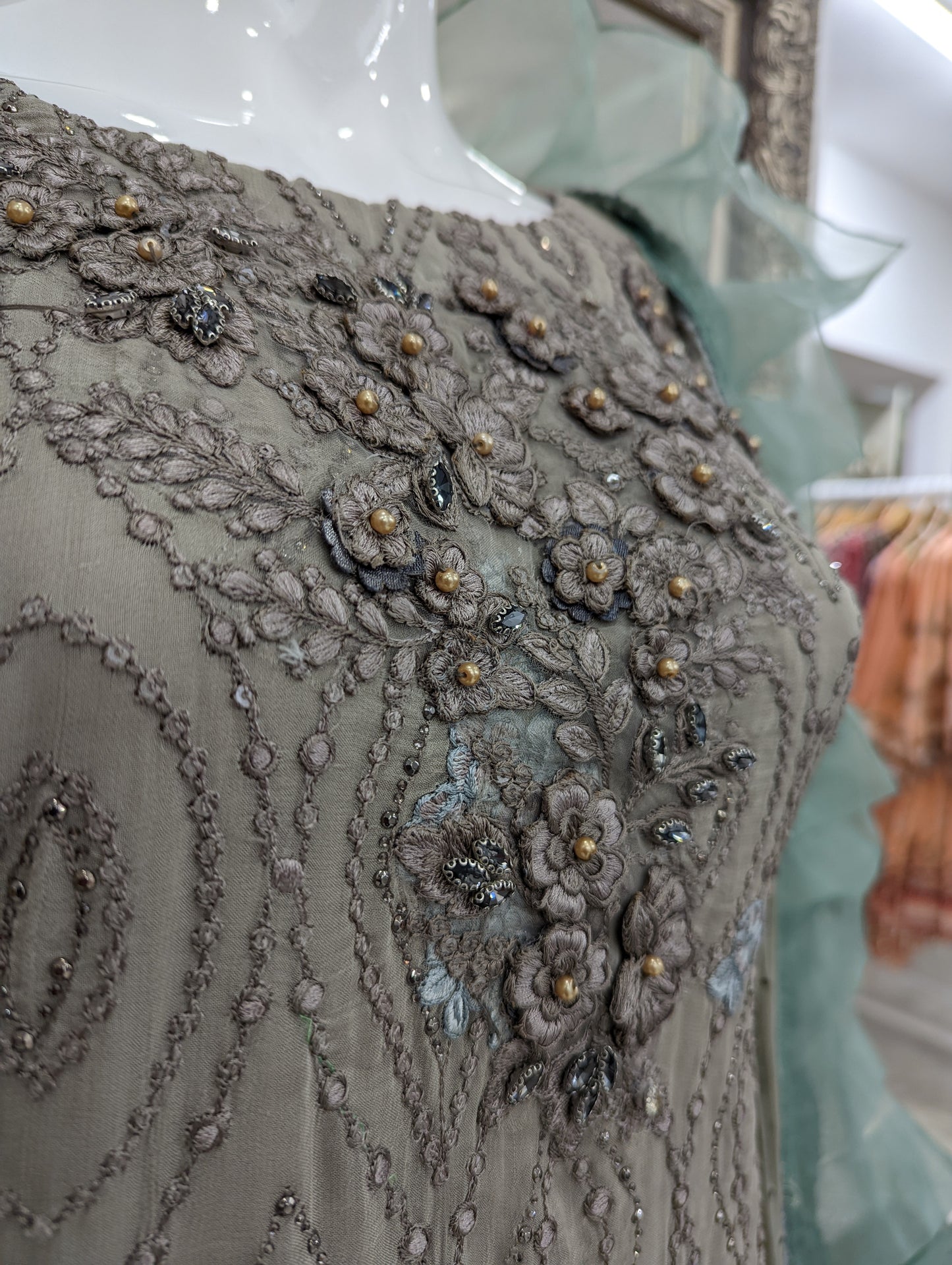 Grey and Teal Maria B Design Chiffon Ladies Suit