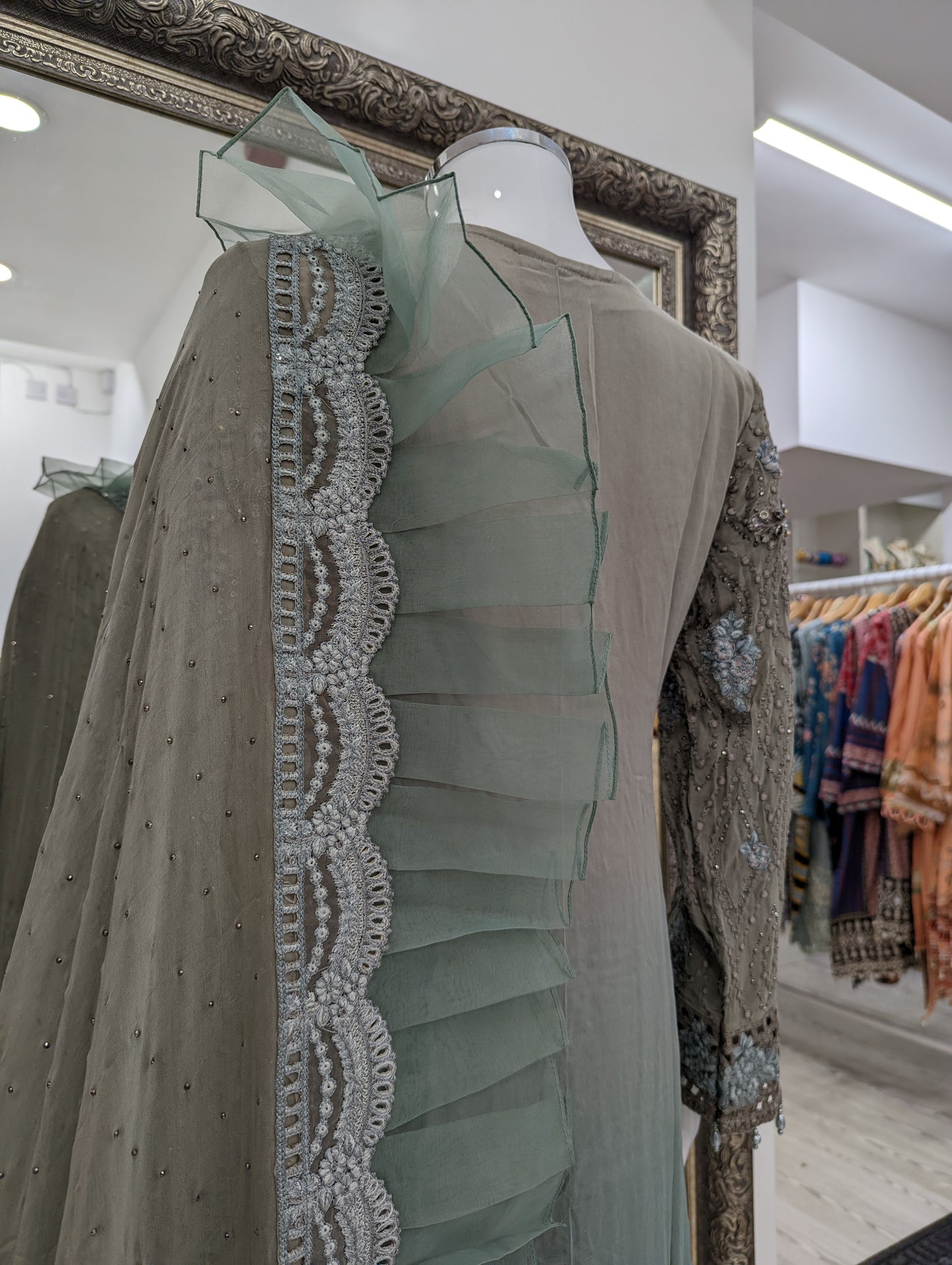Grey and Teal Maria B Design Chiffon Ladies Suit