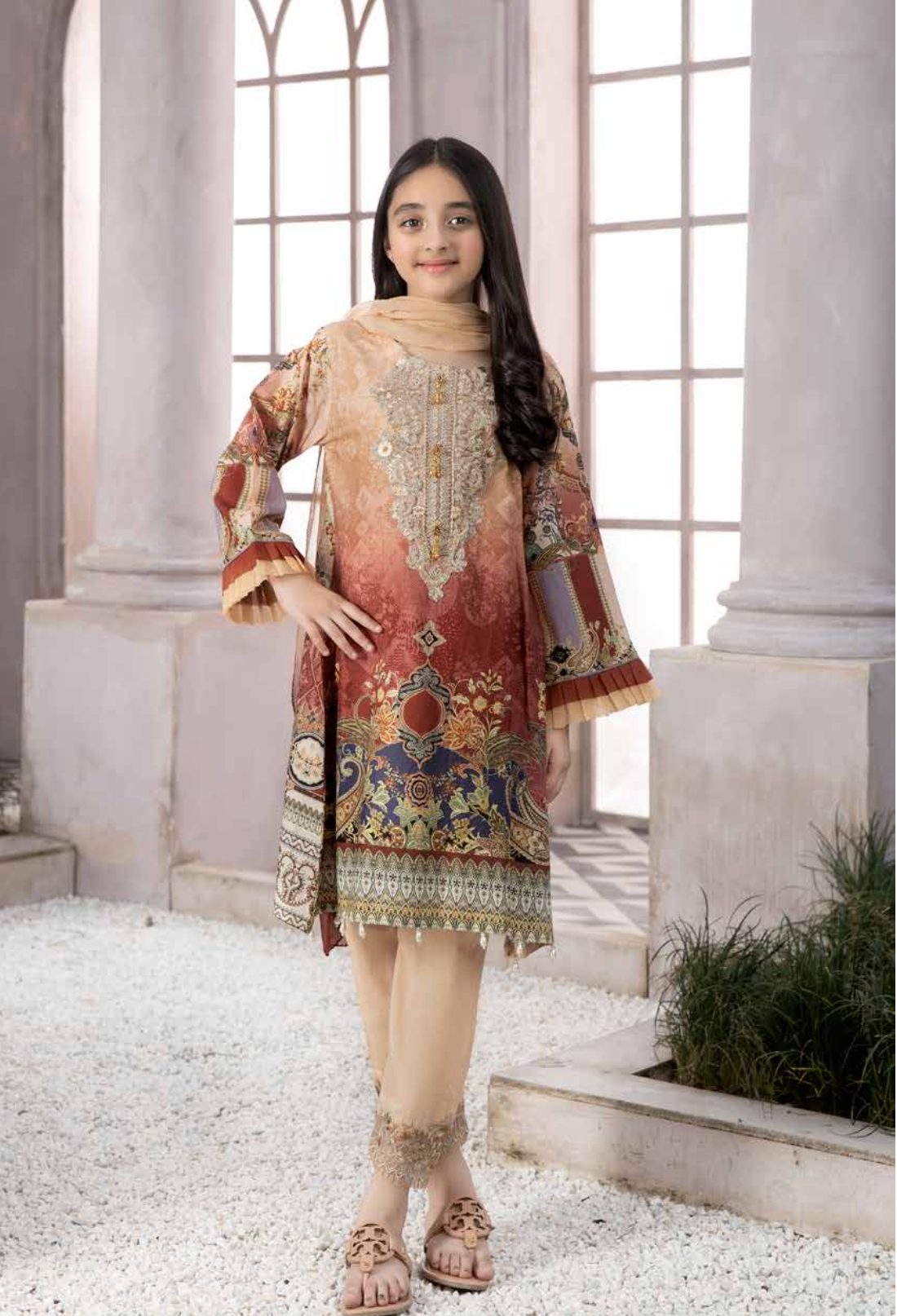 Beige Festive Lawn Girls Suit
