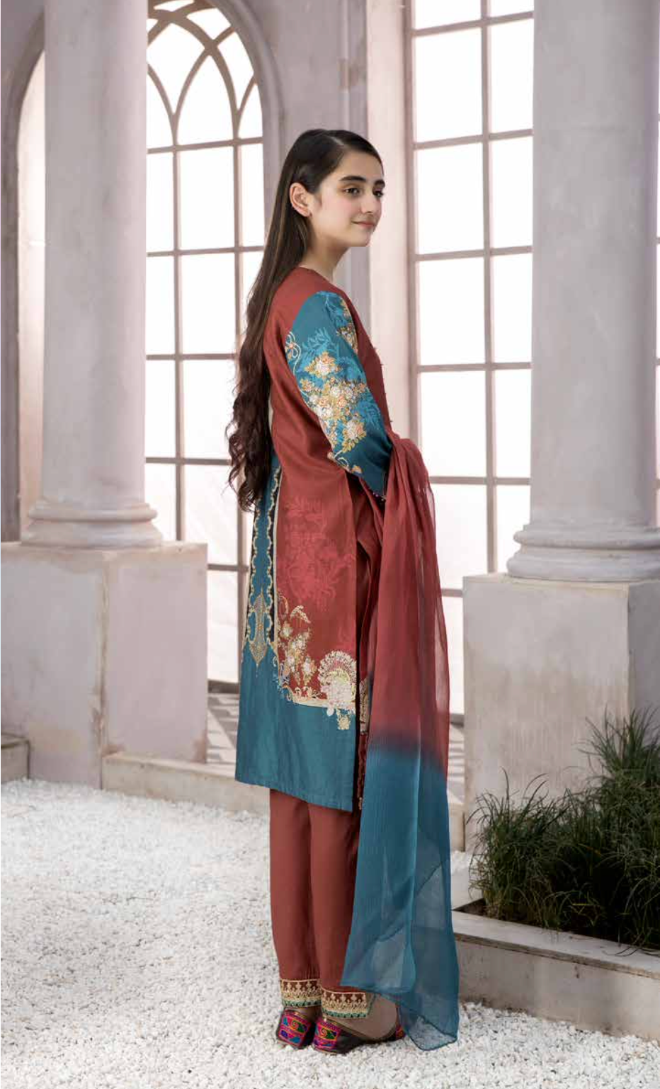 Brown and Blue Festive Lawn Girls Suit